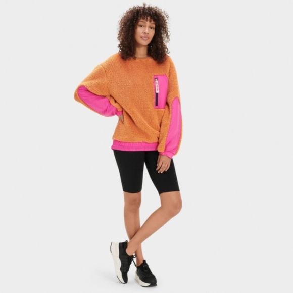 UGG Niko Sherpa / Fleece Crewneck Pullover Sweater Orange / Pink size XS - Picture 2 of 10
